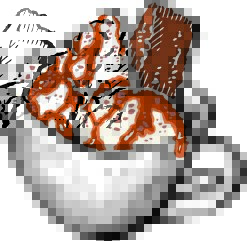 Illustration of a mug with scoops of ice cream covered in hot fudge.