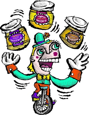 Illustration of a juggler on a unicycle juggling three mustard jars.