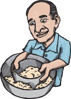 An illustration of Mahjid Mahjoub with a bowl of couscous.