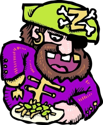 Illustration of a pirate with his hook hand replaced by a fork, about to dig into a plate of pesto pasta.