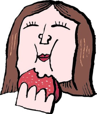 Illustration of a woman happily eating a slice of salami.