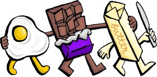 Illustrated egg, chocolate, and butter walking arm in arm as friends