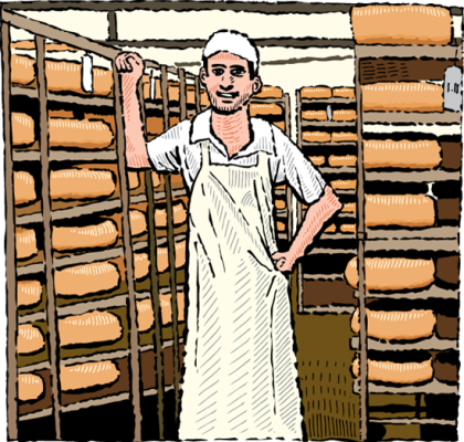 An illustration of Andy Hatch in his aging room, surrounded by thousands of wheels of Pleasant Ridge Reserve cheese.