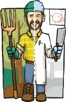 An illustration of Greg Gunthorp, with half of his body shown dressed as a farmer with a pitchfork and and half dressed as bacon maker with a cleaver.