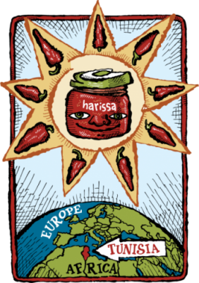 Illustration of a jar of harissa in a stylized sun hanging in the air over a globe with an arrow pointing to Tunisia.