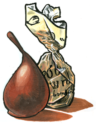 An illustration of an unwrapped chocolate covered fig in front of a gold foil wrapped chocolate covered fig.