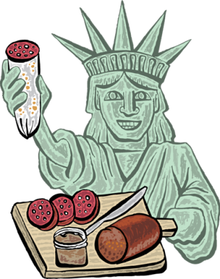 Illustration of the Statue of Liberty holding a salami and a wooden serving board with slices of salami and mustard.