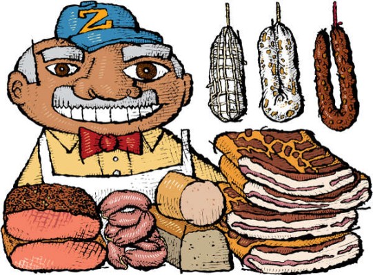 Illustration of cured meats at a deli counter
