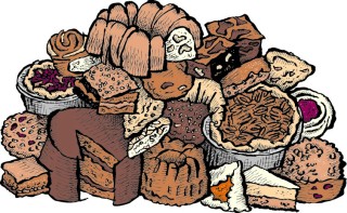 Illustrated pile of brownies, cookies, coffee cakes, and other baked goods