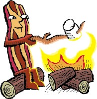 Illustration of a strip of bacon sitting in front of a fire
