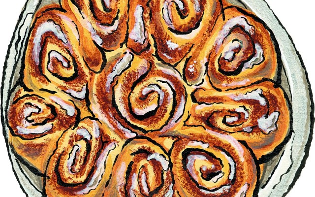 An illustration of a tin of 10 cinnamon rolls