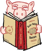 Illustration of a pig studying a guide to better bacon book.