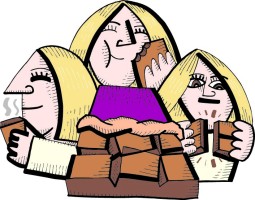 An illustration of a woman with a bar of chocolate, smelling, listening to the snap, and eating the chocolate.