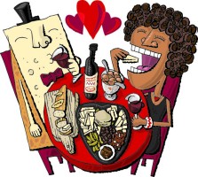 Illustration of a woman and a wedge of cheese on a date with a spread of cheese, meats, and accompaniments on the table.