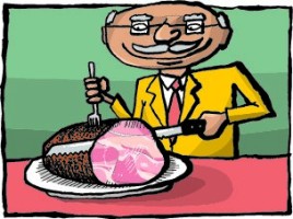 Illustrated man happily slicing into a whole ham