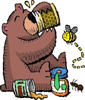 Illustration of a bear guzzling honey while a disappointed bee and ant look on.