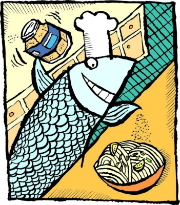 Illustration of a fish in a chef's hat adding seasoning to a bowl of pasta.