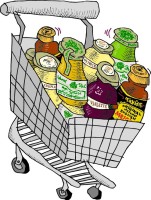Illustration of a shopping cart filled with different kinds of mustards.