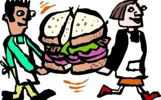 Illustration of two people in aprons carrying a gigantic sandwich between them.
