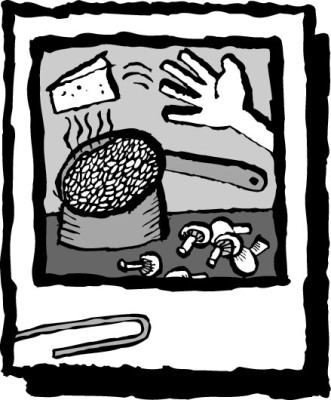 Illustration of a pot of risotto next to sliced mushrooms with a hand tossing in a wedge of cheese.