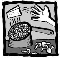 Illustration of a pot of risotto next to sliced mushrooms with a hand tossing in a wedge of cheese.