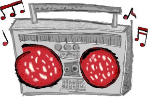 Illustration of a stereo with slices of salami where the speakers should be.