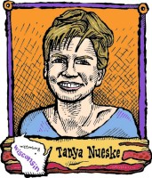 A cartoon portrait of Tanya Nueske, CEO of Nueske's Applewood Smoked Meats.