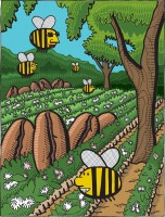Illustration of bees in a field of coffee beans