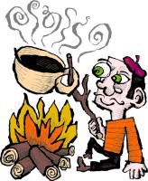 Illustration of a man in a beret with a cup of coffee by a campfire