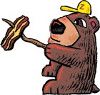 Illustration of a bear with a piece of bacon on a stick