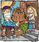 Illustration of coffee cakes being delivered to a doorstep