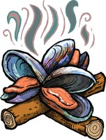 Illustration of Mussels smoking over wood logs