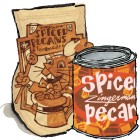 Illustration of a bag and a tin of spiced pecans