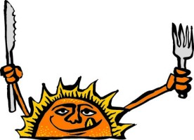 Illustration of a sun with a fork and knife