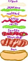 Illustrated schematic of a bacon hot dog from bottom to top: bun, bacon-dog, tomato, relish, catsup, mustard, jalapeno, and crema.