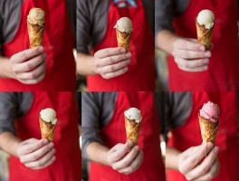 An array of different colors and types of frozen scoops in cones.