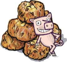 A tower of bacon cheddar scones with a smiling pig leaning against them.