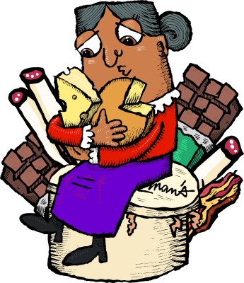 Illustration of a woman holding cheeses, salamis, and chocolates
