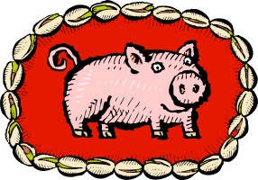 Illustration of a pig surrounded by a border of pistachios