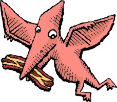 Illustrated pterodactyl holding a piece of bacon in its beak.
