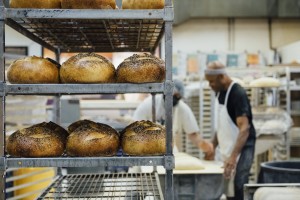 In the foreground, there are metal racks holding fresh baked loaves of Zingerman's Bakehouse breads. In the background, a couple bakers are forming fresh loaves.