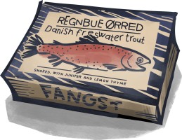 A box of Danish Freshwater Trout. The box has an illustration of a red trout and a background of blue and tan stripes.