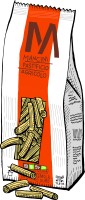 Illustration of a bag of Mancini Pasta. The pasta shape is a long ridged tube