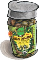 A jar of cailletier olives from Nicolas Alziari in Nice, France. They have a green and yellow label.