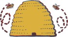 Illustration of a beehive with two bees coming out of it