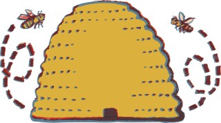 Illustration of a beehive with two bees coming out of it
